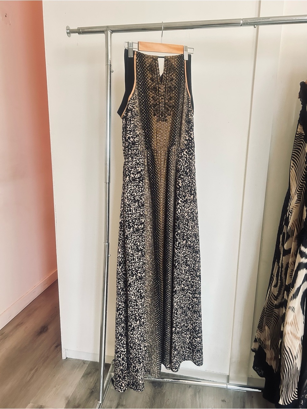 Anthropologie Black and Gold Patterned Maxi Dress